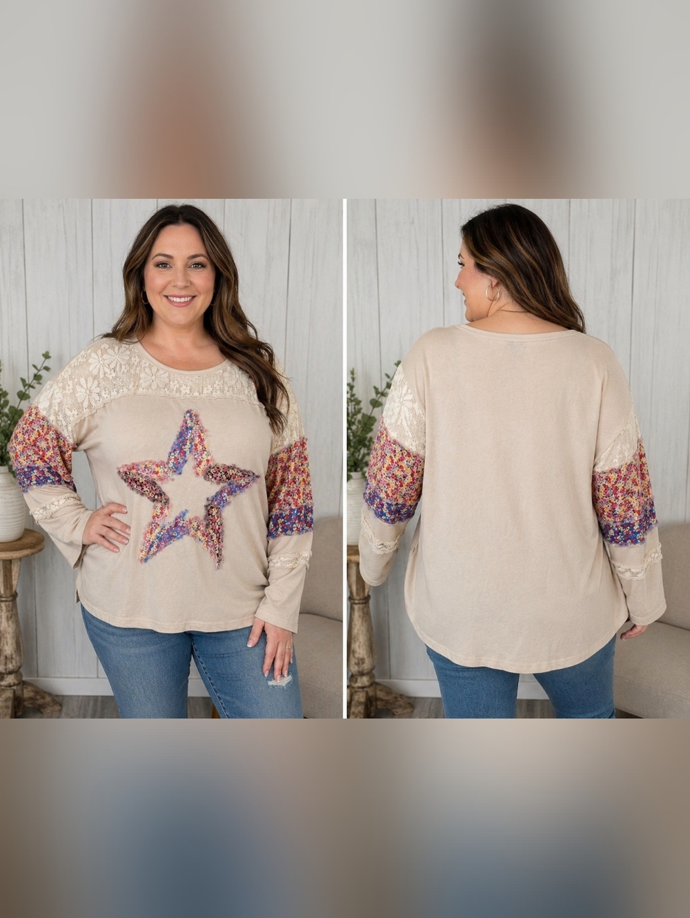 White Birch XL Boho Star Patch Top Lace Floral Sleeve Colorblock Hi-Low Blouse